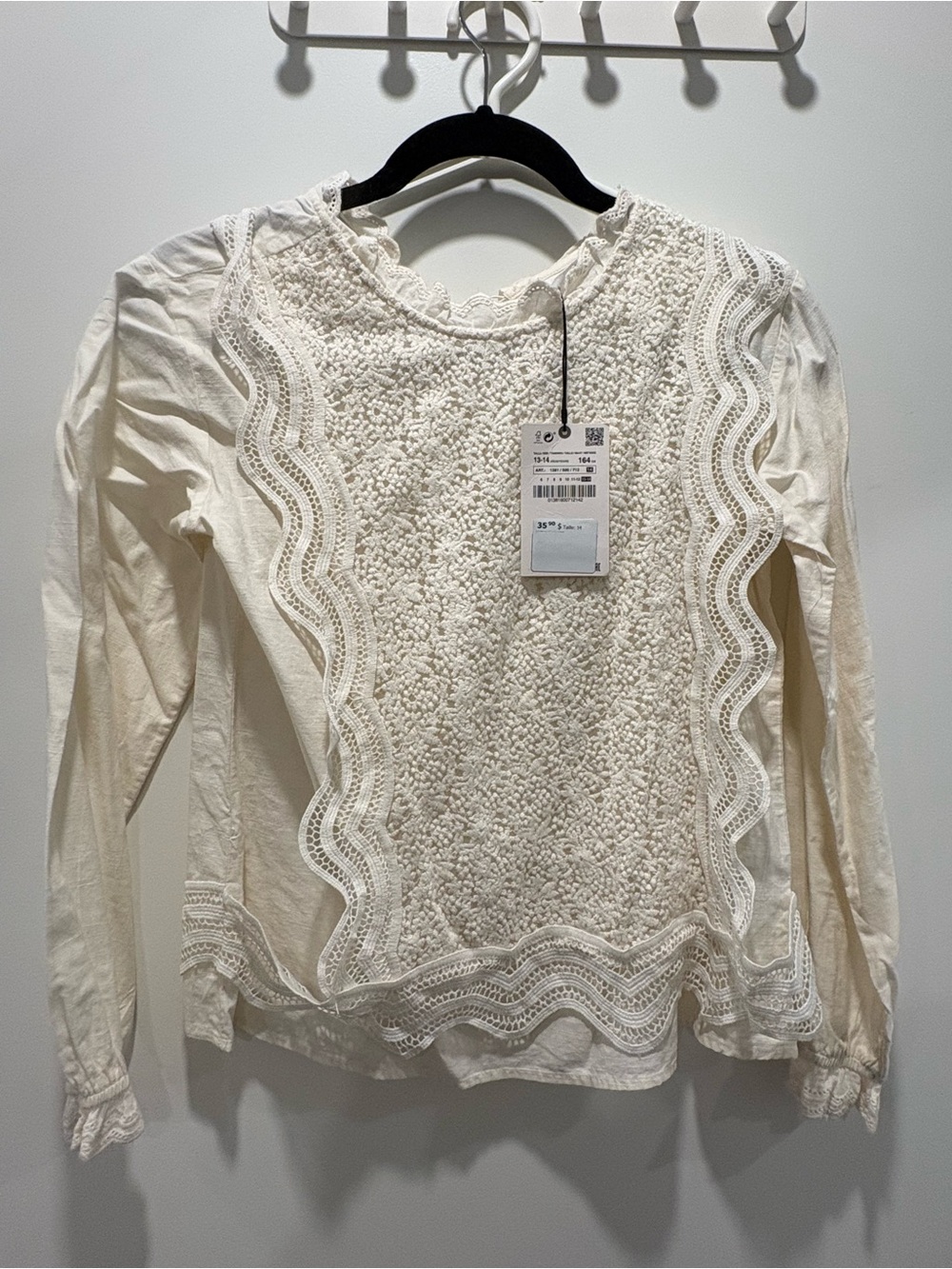 Zara Cream Lace-Trim Long Sleeve Top